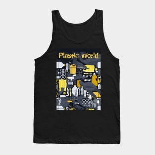 Our plastic planet // print // black background grey endangered animal species with yellow white and transparent plastic waste Tank Top